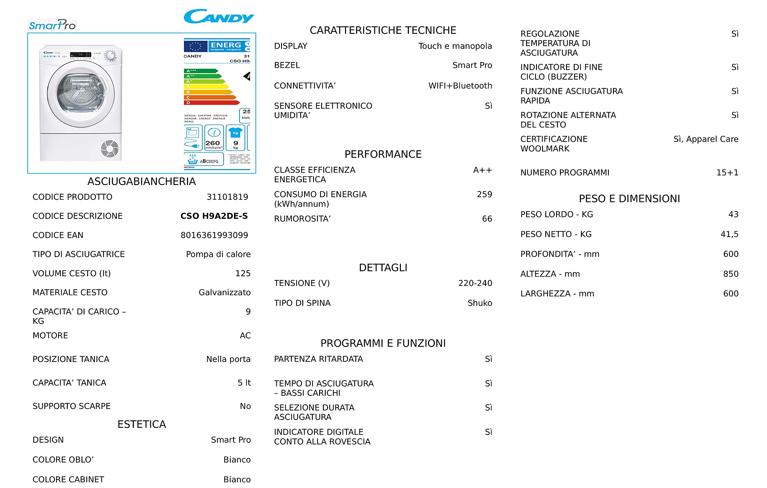 Candy Smart CSO H9A2DE-S, Secadora de Bomba de Calor, 9 kg, Wi-Fi + Bluetooth, instalación Gratuita, 60 x 60 x 85 cm, Color Blanco