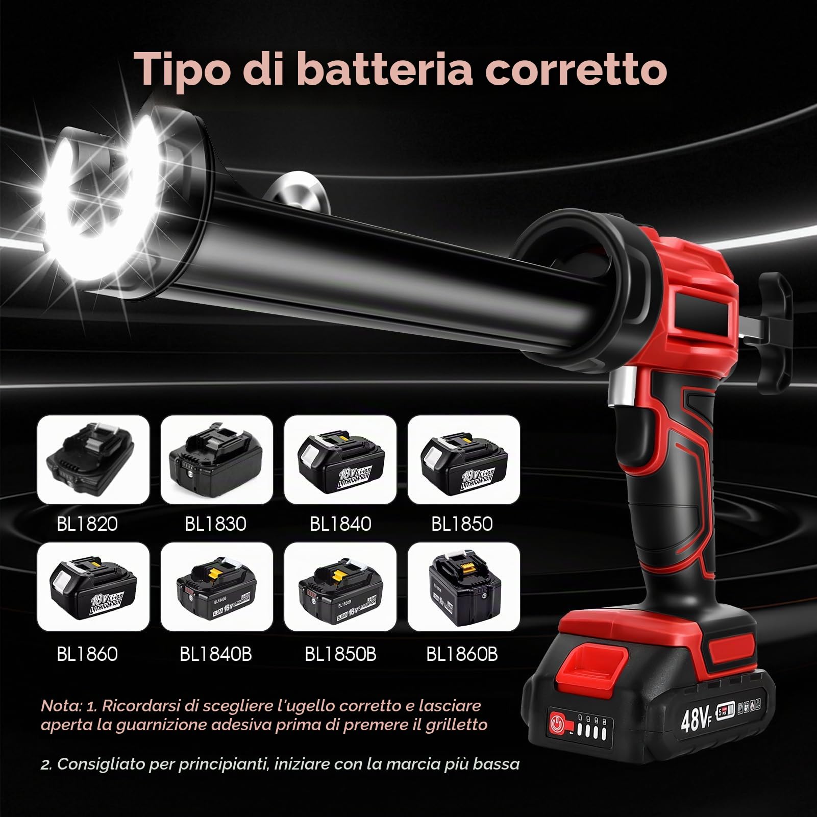 Pressa per cartucce a batteria da 18 V compatibile con Makita – Pistola elettrica in silicone con luce a LED e 4 livelli di velocità per cartucce da 300 ml, pistola a cartuccia a batteria per