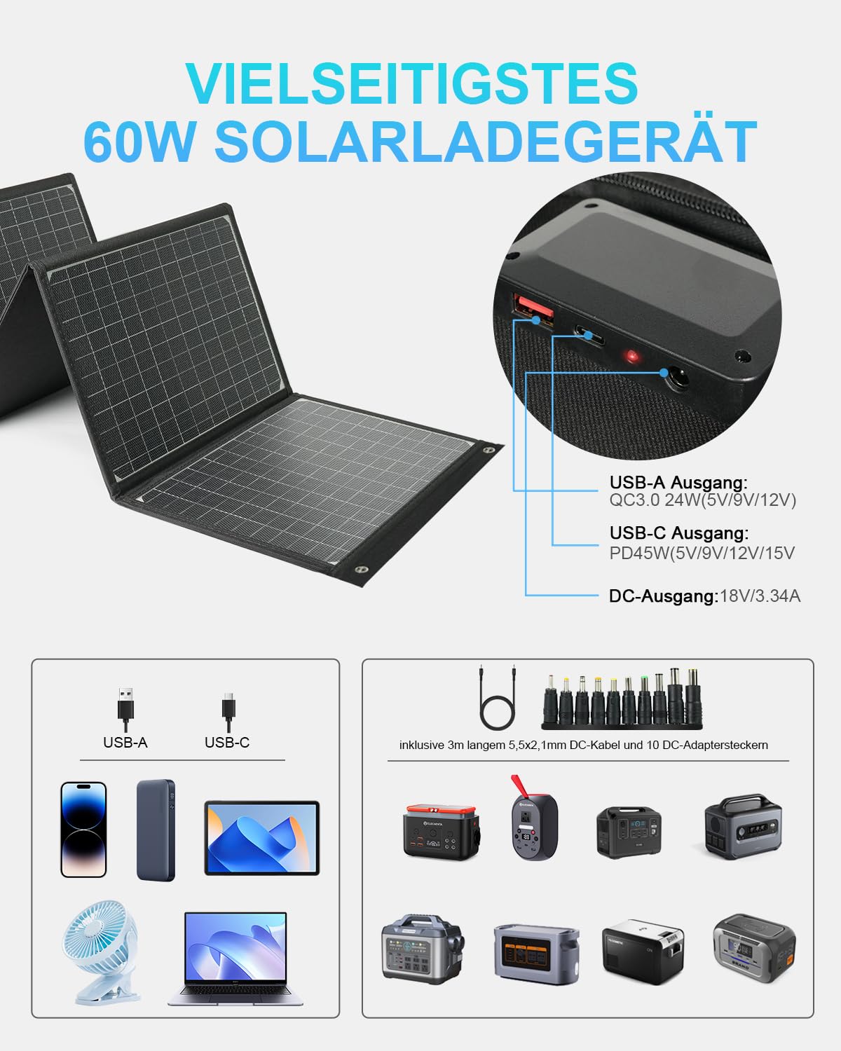 ELECAENTA 60W Faltbar Solar Ladegerät ETFE Monokristallinem Solarpanel USB-C PD45W USB QC3.0 DC 18V Wasserdicht