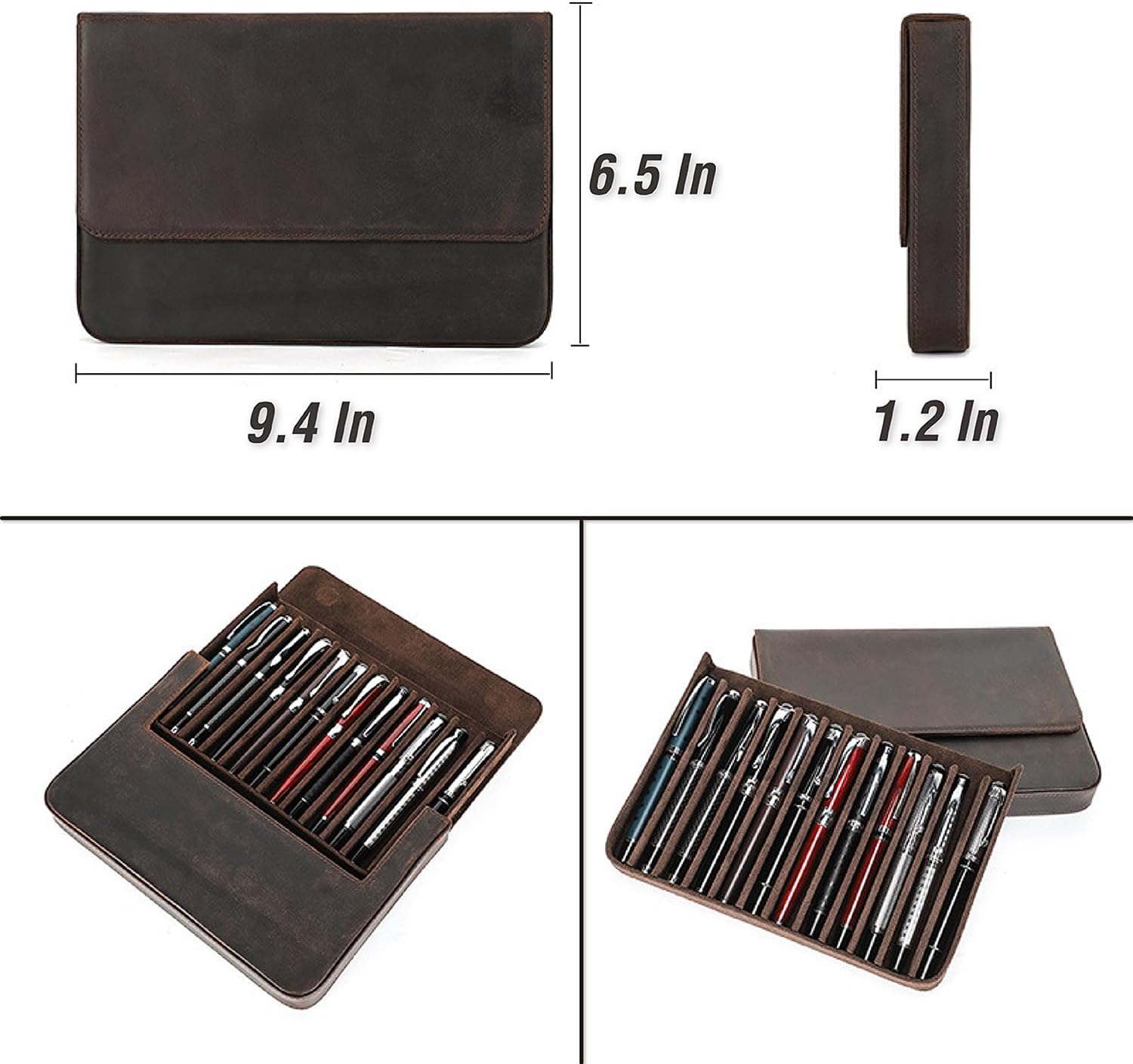Top Grain Genuine Leather 12 Pen/Pencil Tray Case Organizer, Solid Vintage Design No Logo, Handmade, Magnetic Closure with Drawer, Gift Choice for Man/Woman/Office, Matte Coffee, 12 Slots