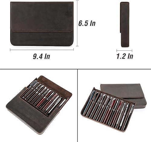 Vista 148 de Top Grain - Estuche organizador de cuero genuino para 12 bolígrafos y lápices, diseño minimalista sólido, hecho a mano, cierre magnético con cajón