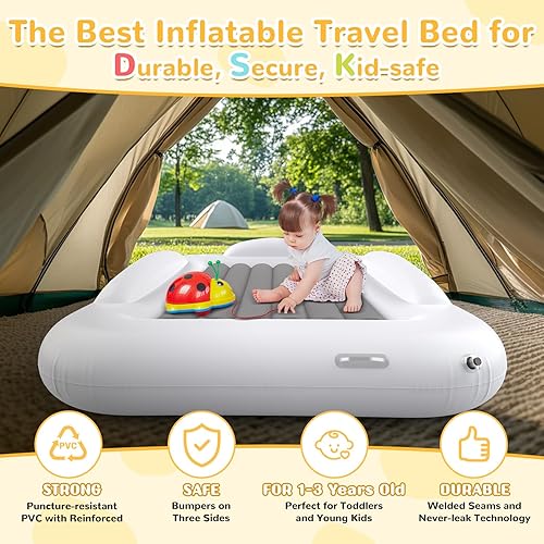 Miniatura 2 de Cama inflable de viaje para niños, colchón de aire portátil y cómodo con parachoques de seguridad de 3 lados, cama inflable para acampar y viajar