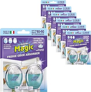 Mister Magic Refrigerator Odor Absorber – Baking Soda Formula Gel, Odorless Fridge Deodorizer, Neutralizes Food Odors, Lasts Up to 90 Days, Safe for Food, Kitchen Supplies (6 Pack, Contains 12 Units)