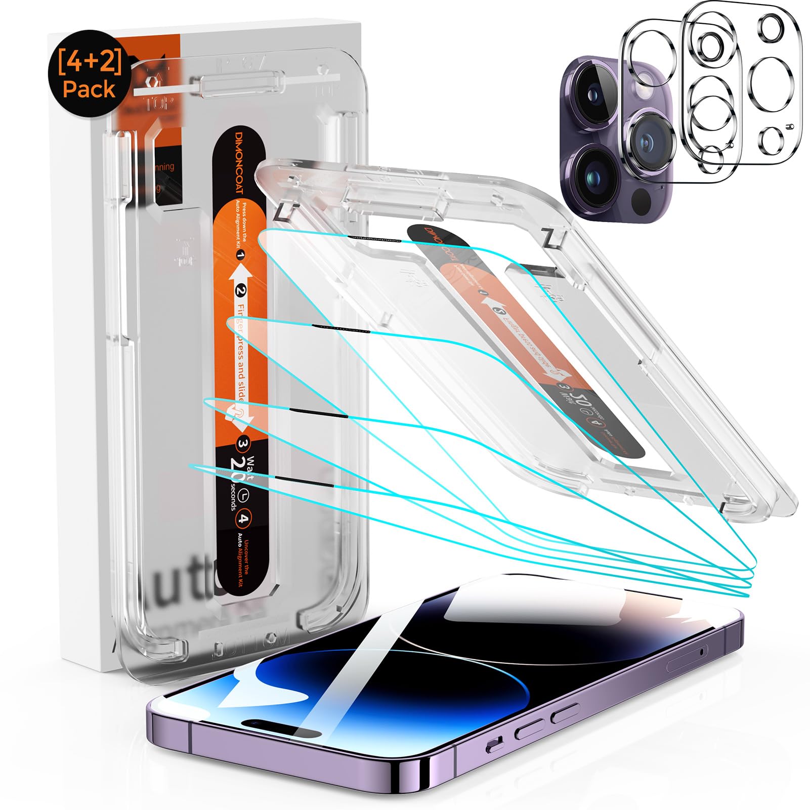 DIMONCOAT [4+2 Pack for iPhone 14 Pro Screen Protector [Auto Alignment Kit] with Camera Lens Protector [10X Military Protection] Tempered Glass Compatible iPhone 14 Pro 6.1'' HD Film [Bubble Free]ClimatePartner certified