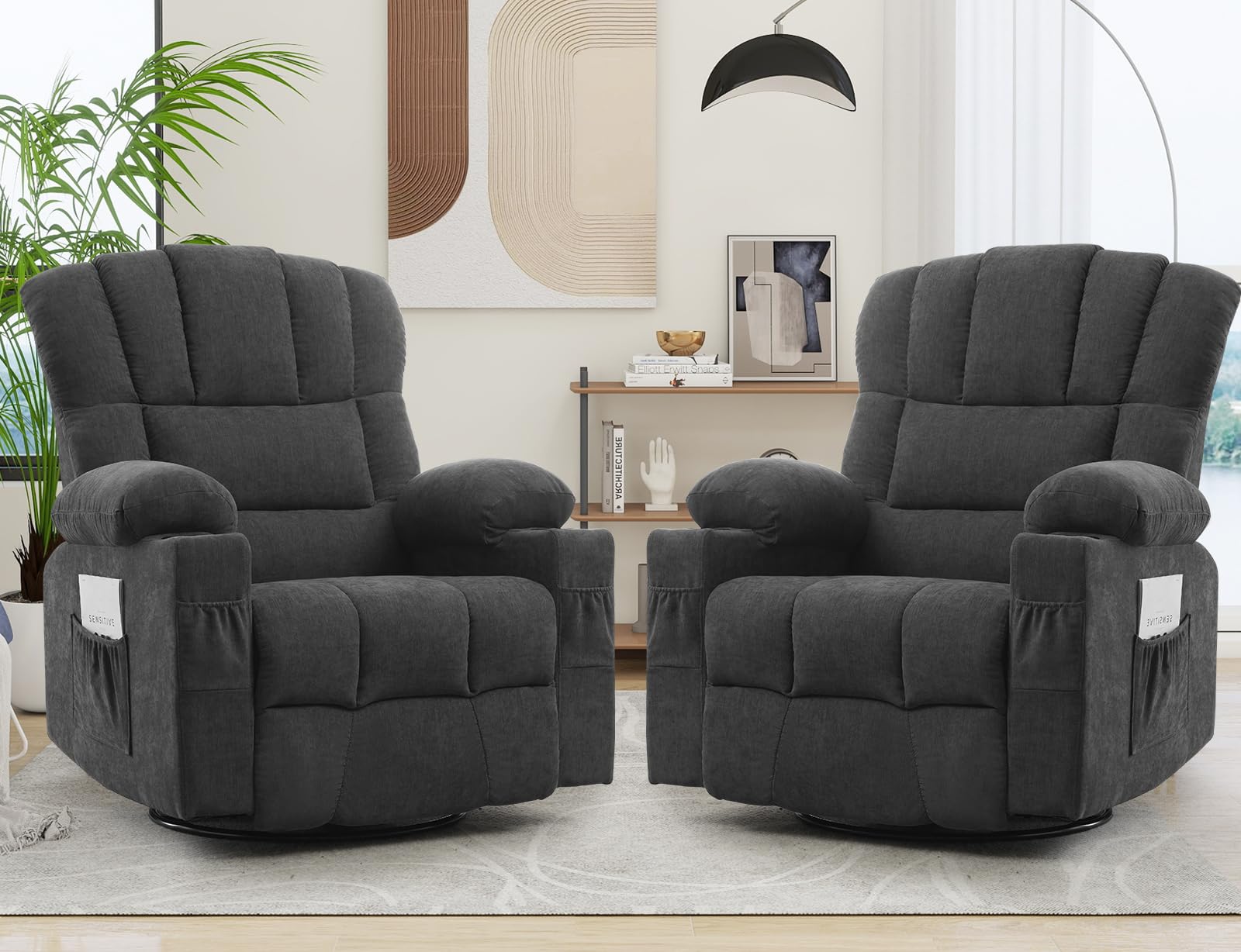 CDCASA Oversized Swivel Rocker Recliner Chair for Adults, Chenille 360° Swivel Glider Rocking Chairs w/Cup Holder, Manual Reclining Single Sofa Chair for Living Room, Theater, Nursery,Set of 2, Grey