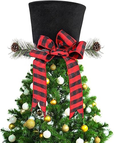 Sombrero para árbol de Navidad, adornos negros para árbol de Navidad con lazo grande clásico a cuadros, sombrero de Navidad plegable para árbol de