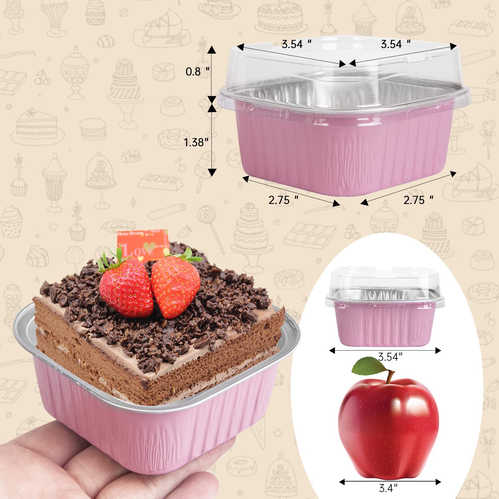 50 mini moldes cuadrados para hornear con tapas, moldes de papel de aluminio de 5 onzas con tapas, moldes desechables para tartas de ramequines, tazas de postre de 150 ml, moldes para cupcakes para
