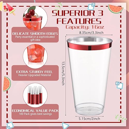 Miniatura 8 de 100 vasos de plástico con borde negro de 16 onzas vasos desechables de plástico para fiestas vasos desechables antiguos para bodas vino café agua