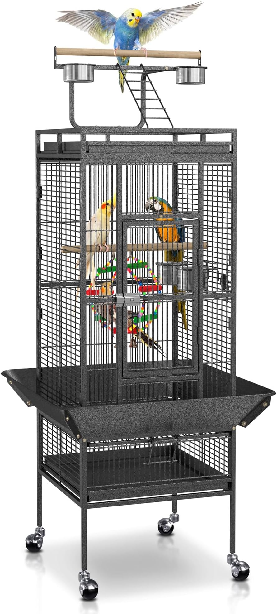 SUPER DEAL PRO 61-inch 2in1 Large Bird Cage with Rolling Stand Playtop Parrot Chinchilla Finch Cage Macaw Conure Cockatiel Cockatoo Pet House Wrought Iron Birdcage, Black