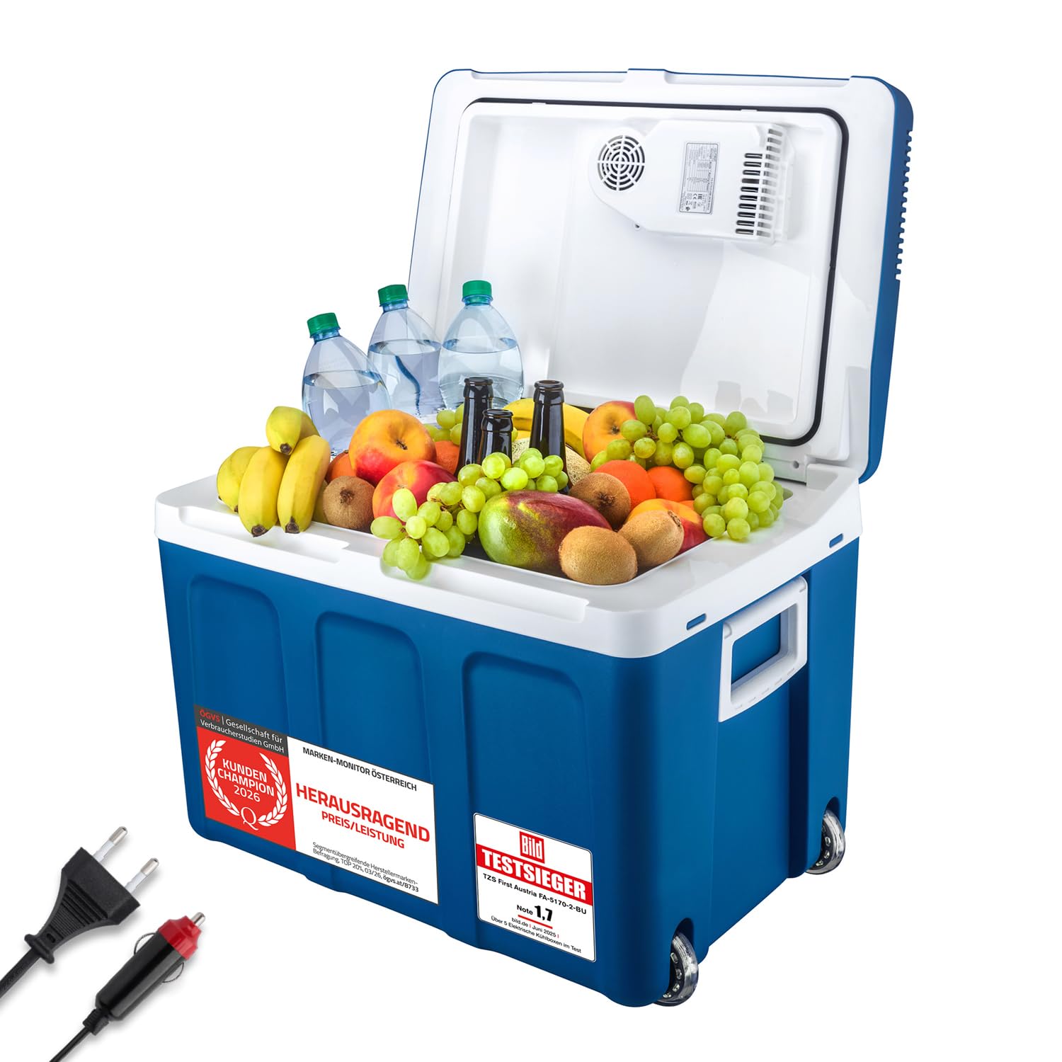 TZS First Austria - Kühlbox 45L elektrisch 12V 230V Anschluss für Auto & Steckdose - Thermoelektrische Cool Box kühlt & wärmt - Mini Kühlschrank mit Rollen - Für Camping, Festivals, Reisen - Blau