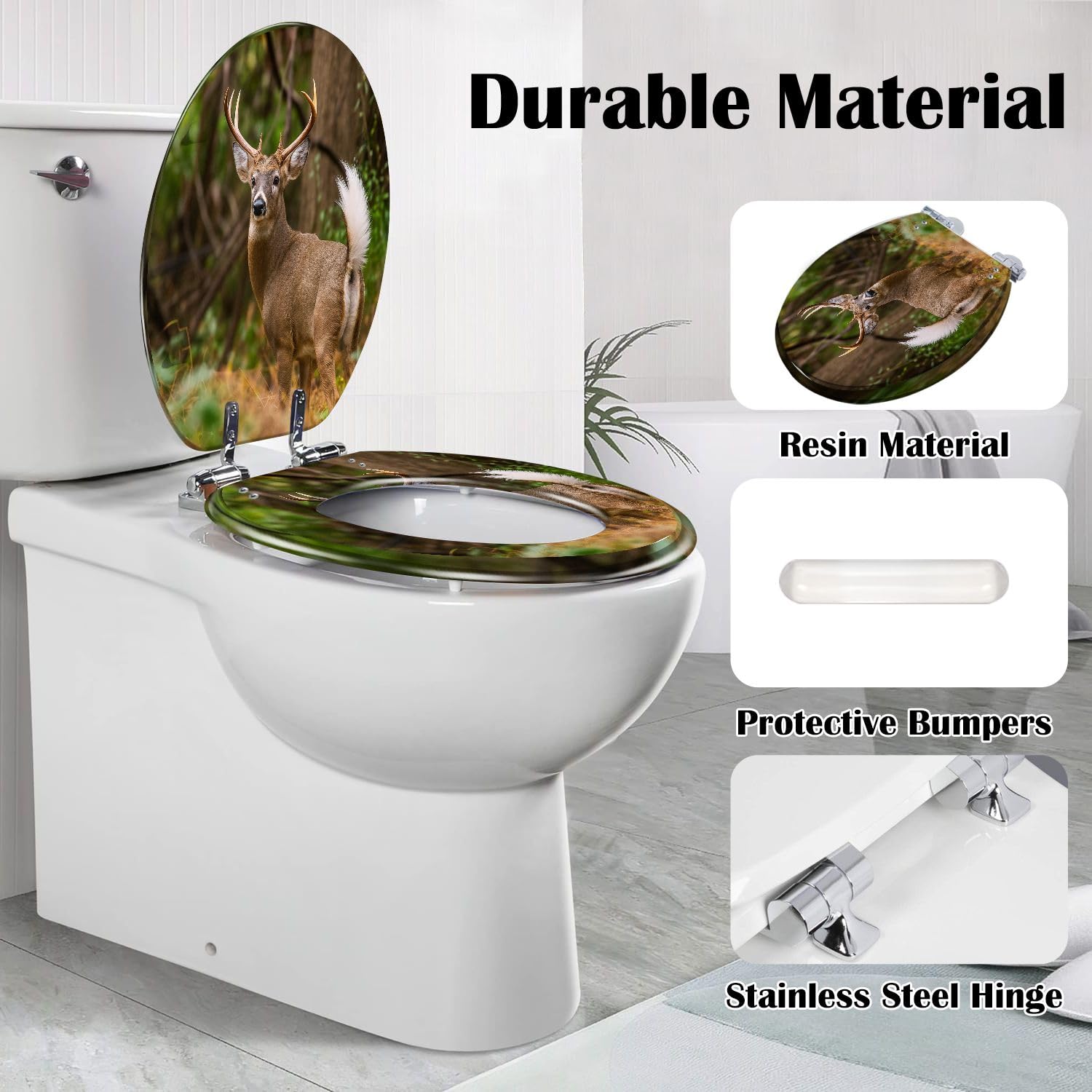Asiento de inodoro alargado con diseño de ciervo para baño.