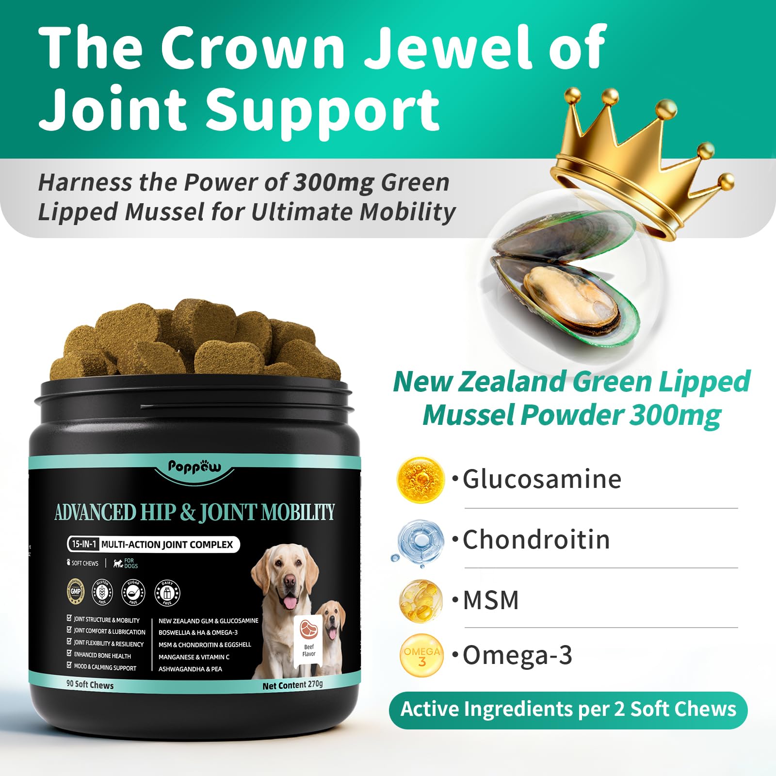 Advanced Dog Joint Supplement – 15-in-1 Glucosamine for Dogs with Chondroitin, MSM & Green Lipped Mussel – Hip & Joint Pain Relief Mobility Chews, Beef Flavor, 90Ct Breeds - image 3