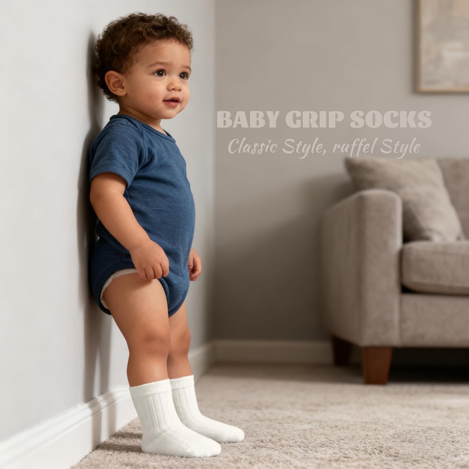 9 Pairs Baby Toddler Socks Crew Sock Ruffle Dress Non Slip Grip Cute Cotton for Infant Newborn Boys Girls White