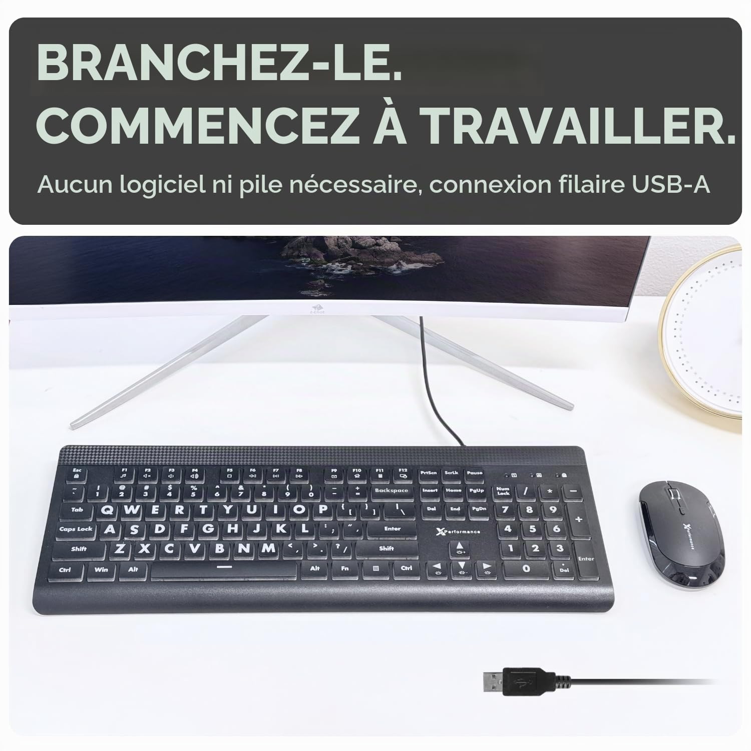 X9 Performance Clavier rétroéclairé à Grande Impression – Lettres surdimensionnées faciles à Voir – Filaire USB, Disposition complète de 107 Touches, 7 LED de Couleur – Clavier à Grandes Lettres pour
