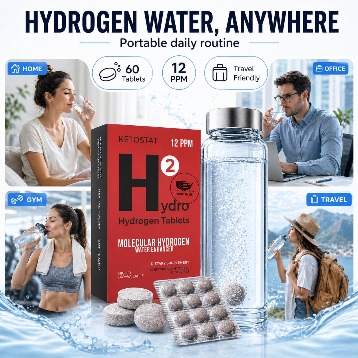 Lot de 60 comprimés d'eau à hydrogène 12 ppm Nanobulles