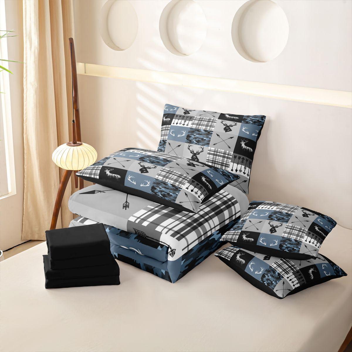 Loussiesd Juego de funda de edredón con diseño de ciervo de camuflaje azul, tamaño doble, 7 piezas, ropa de cama para niños y niñas, con funda de edredón, sábanas, fundas de almohada, fundas de cojín