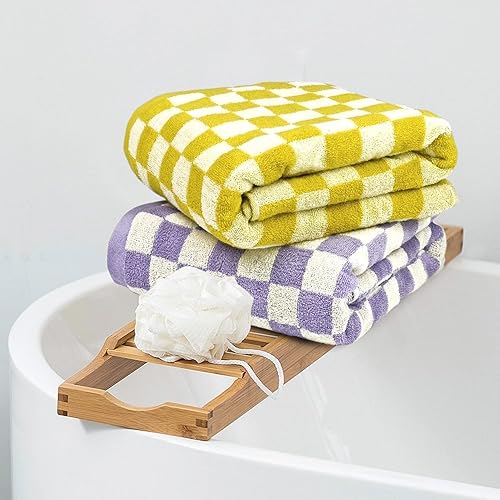Miniatura 2 de Jacquotha Juego de toallas de baño a cuadros en amarillo y lila, toallas decorativas suaves para baño, spa, playa, toallas de ducha grandes, paquete