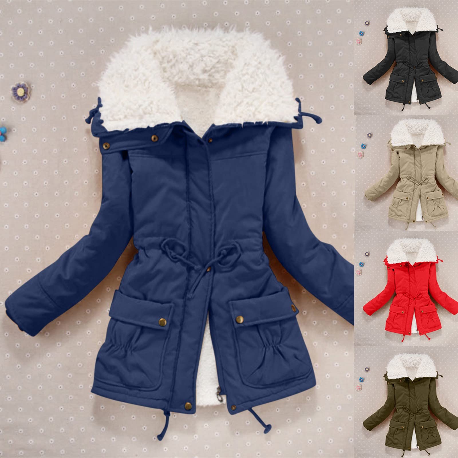 Chaqueta de invierno para mujer – Parka de invierno larga de pelo de peluche cálido forrado, cuello alto, sin capucha, chaqueta acolchada, abrigo con bolsillo, cintura con cordón, S - 3XL