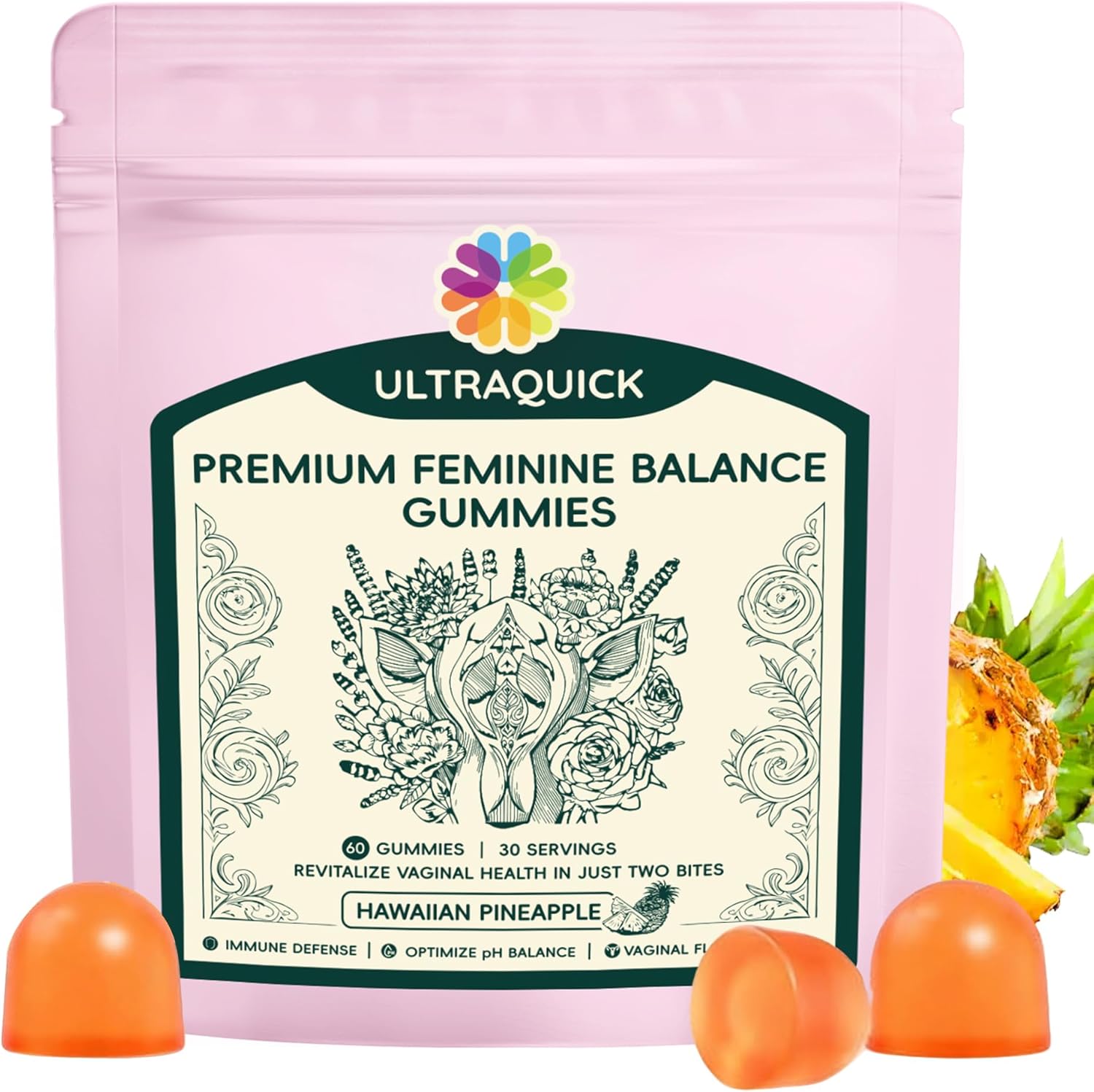 Premium Feminine Balance Gummies - 60 Count (30-Day Supply) - Pineapple Flavor Vaginal Health Supplements for Women - Probiotic & Antioxidant Support for Odor, Freshness & pH Balance