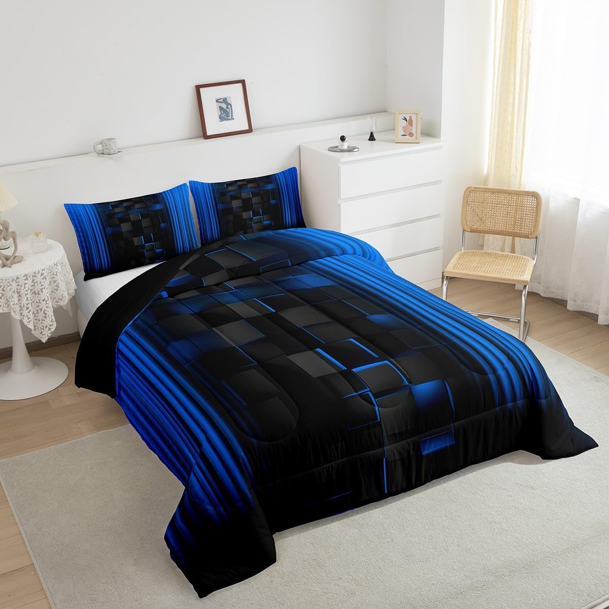 Feelyou Kids Blue and Black Comforter Set Ombre Bedding Set Full Size for Boys Girls Teens Bedroom Decor Square Comforter Ombre Effects Duvet Set with 2 Pillow Case