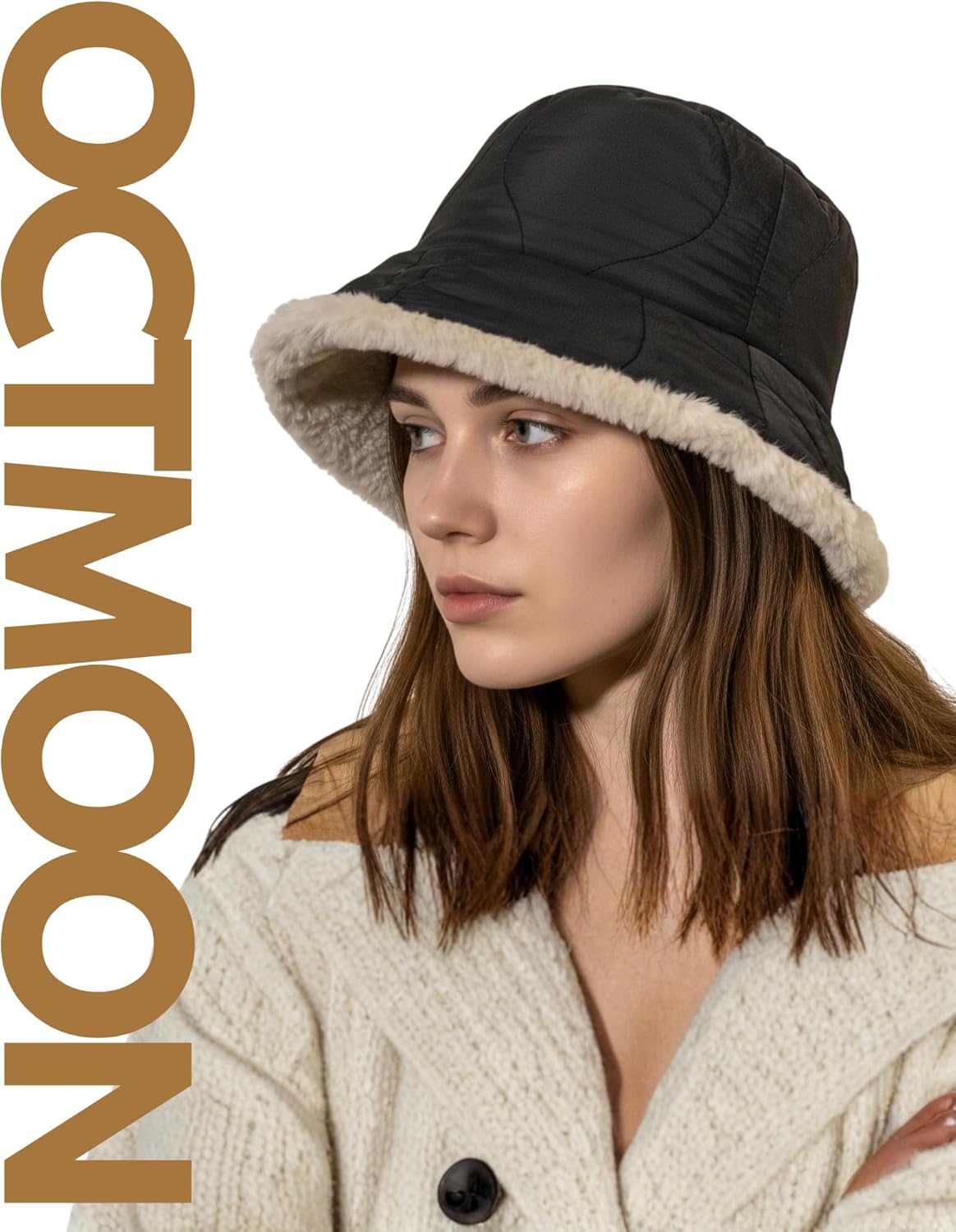 OctMoon Women's Winter Bucket Hat, Fuzzy Lined Nylon Quilted Hat with Metal Detail, Warm Furry Bucket Hat for Cold Weather - Image 3