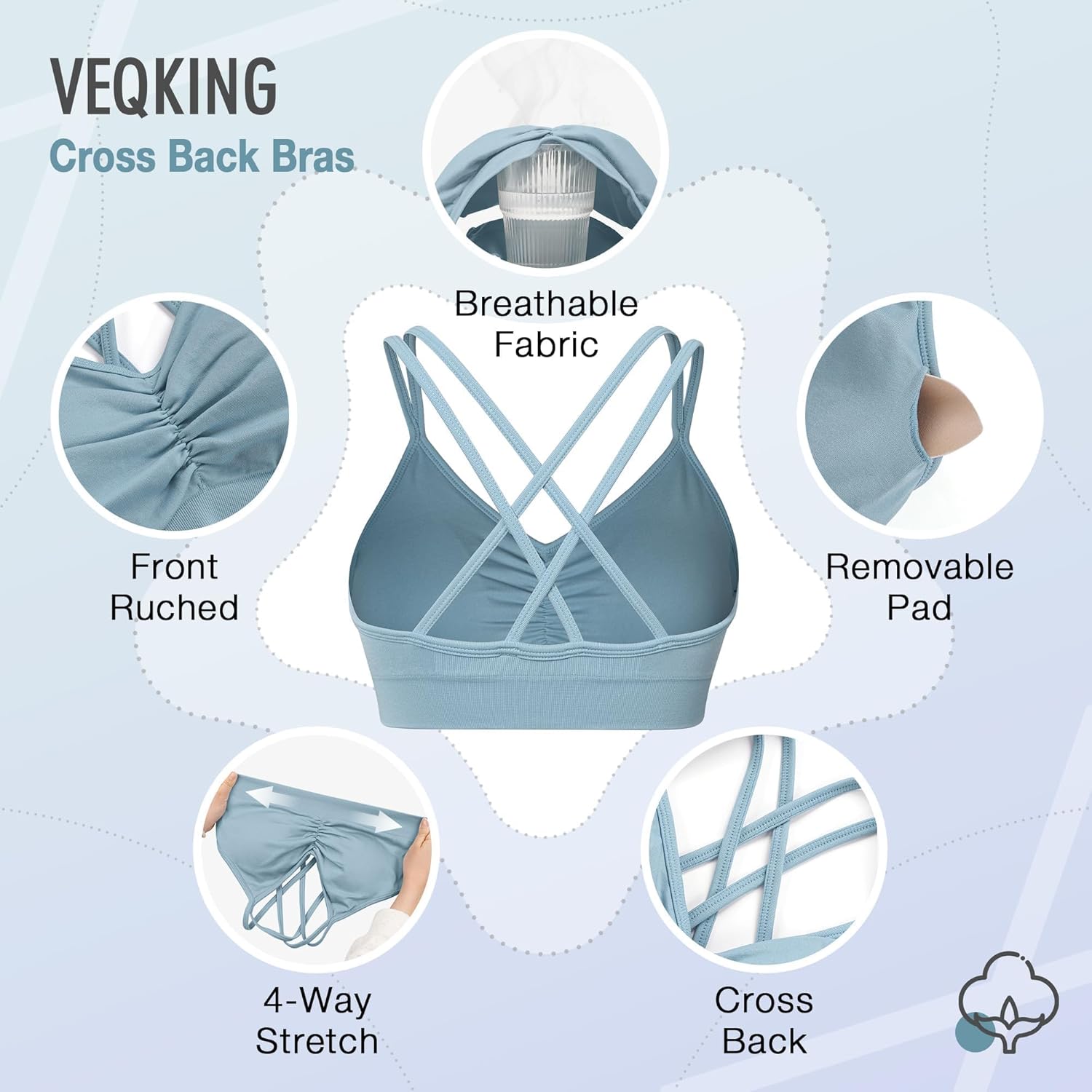 VEQKING Ruched Sports Bras for Women Large Bust, Seamless Padded Strappy Medium Support Yoga Bra, 3 Pack - Image 6