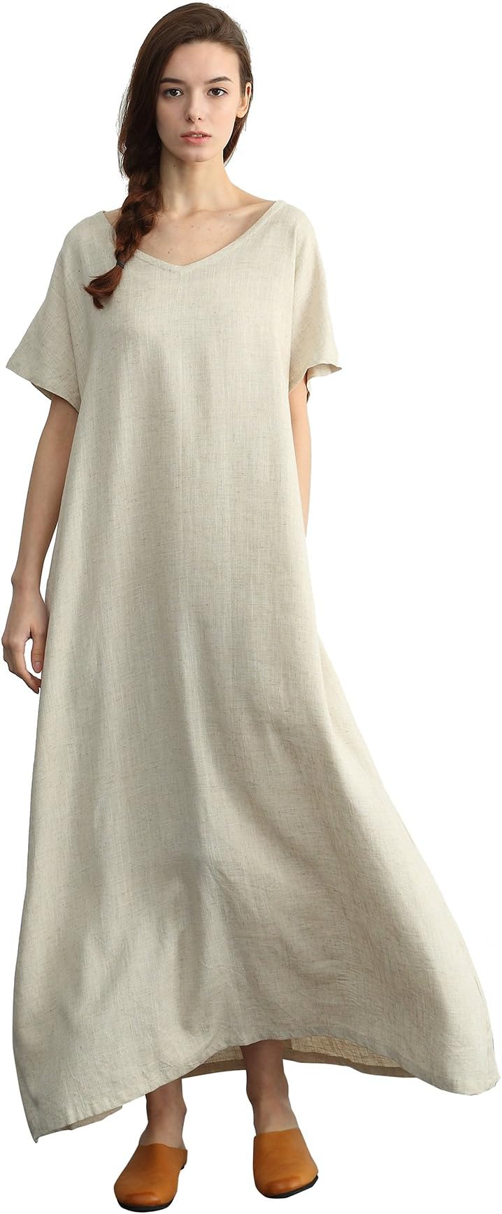 Women's Linen Loose Summer Long Dress Plus Size Cotton Clothing,Linen,Small