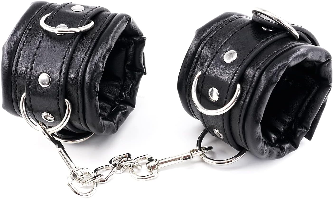 Women and Men Padded Black Leather Bondage Handcuffs and Ankle Cuffs Set, Bondage Restraints Toys Sex Wrist Cuffs and Ankle Cuffs for SM Games, Bondage Kit SM Cuffs for Sex Games (Color-1)