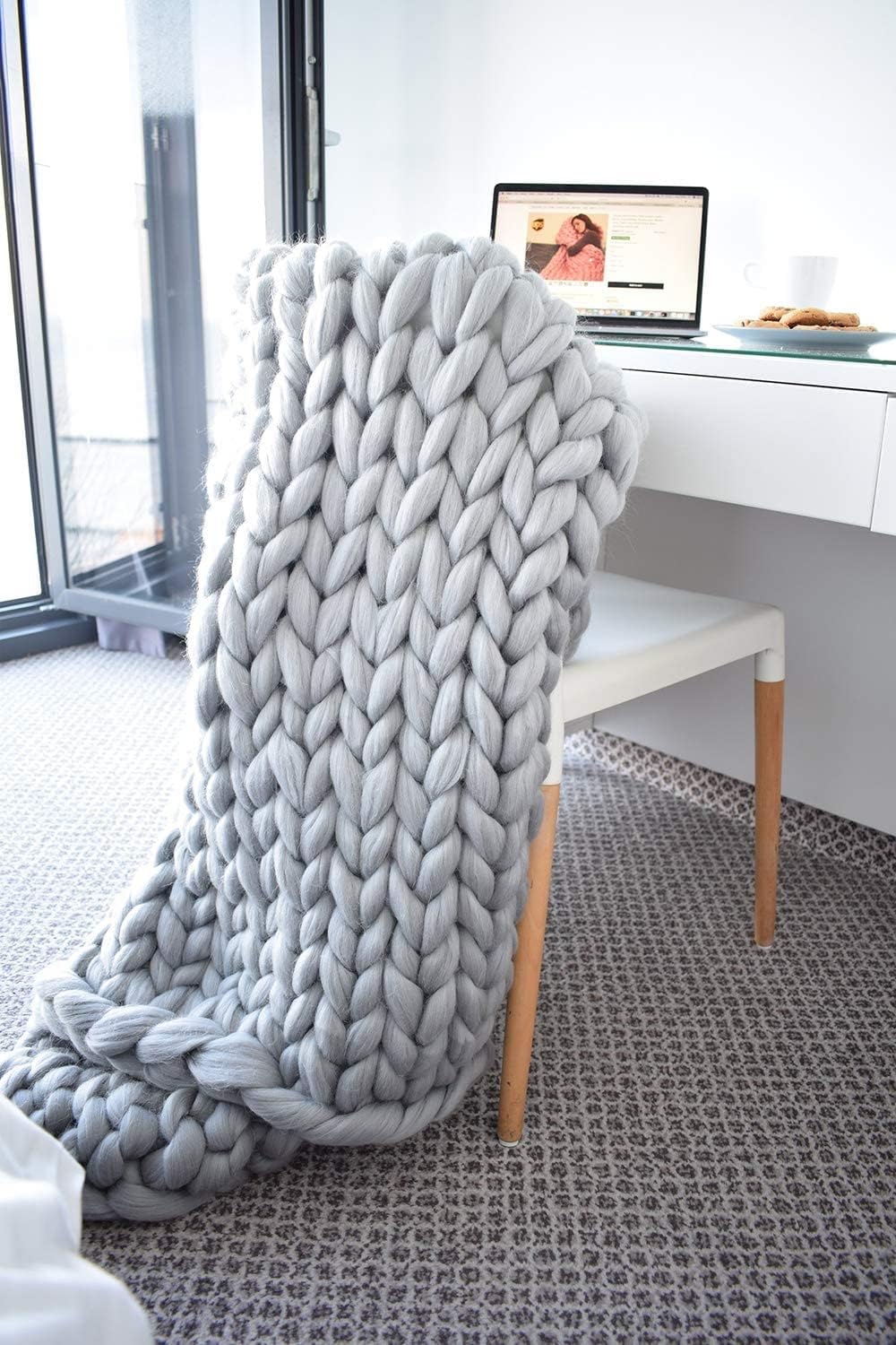 Chunky Knit Blanket Yarn Handmade Soft Bulky Arm Knitting Throw Super Large Bedroom Pet Bed Sofa Chair Home Decor Giant Yarn Baby Size Grey 32"x32"