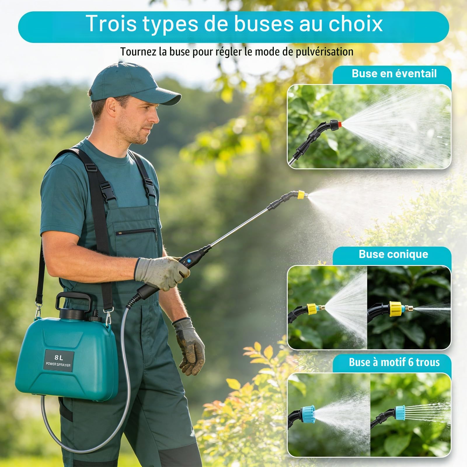 Pulverisateur Electrique 8L avec 3 Buses Réglable, Rechargeable Pulverisateur de Jardin pour Désherbage Fertilisation et l'arrosage, 60cm Perche Pulvérisatrice Télescopique et Sangle Réglable