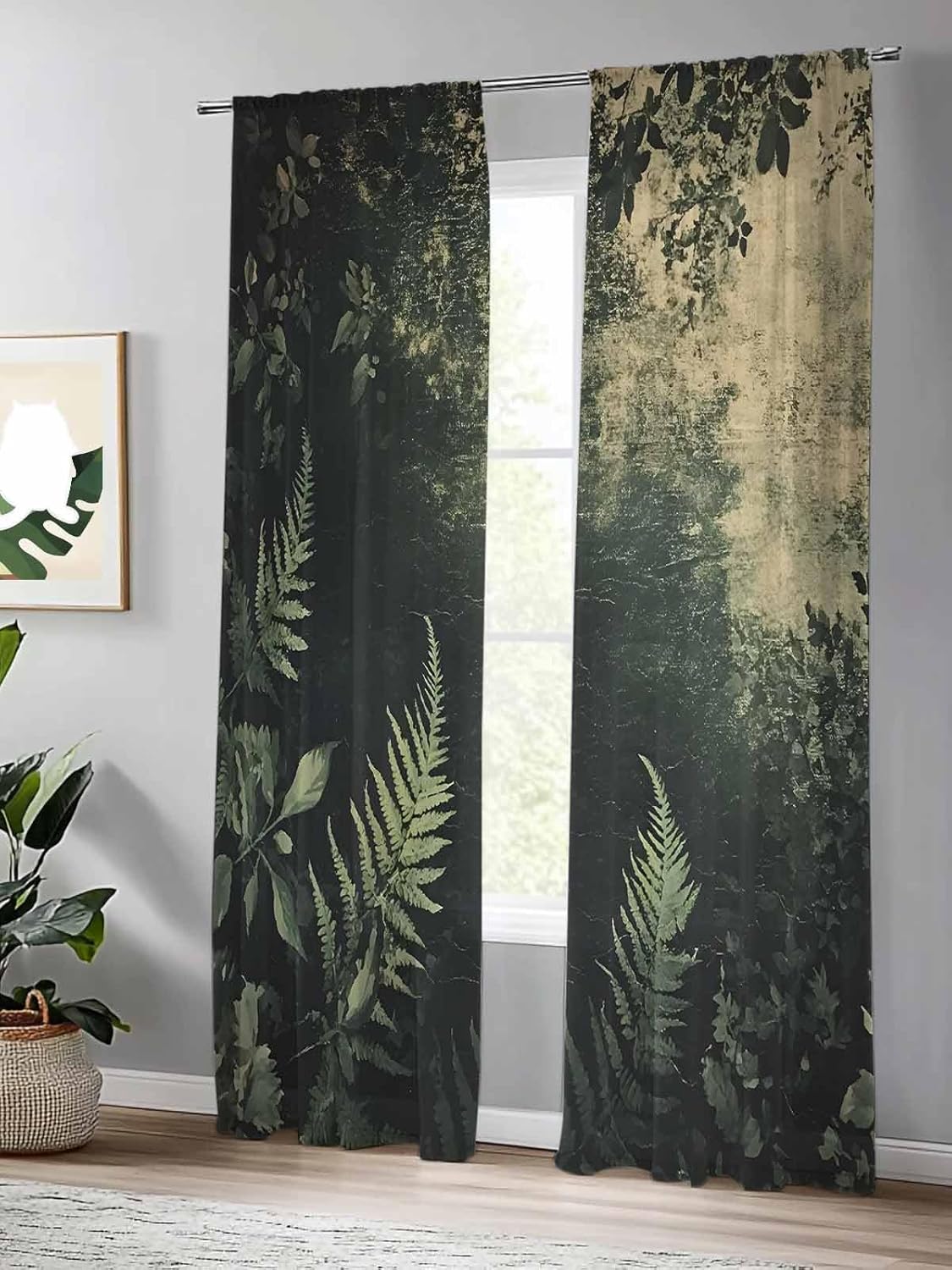 Sheer Curtains 84 in Long 2 Panels, Vintage Tropical Fern Leaves Spring Plant Rod Pocket Voile Window Curtain Drapes, Light Filtering Privacy Sheer Curtain Covering for Bedroom Living Room Decor