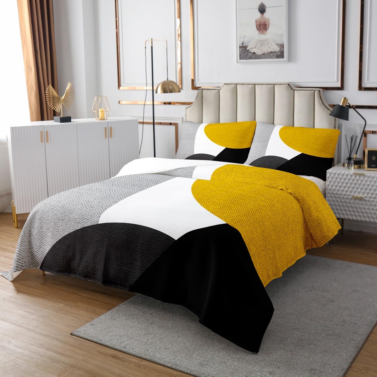 Geometria Juego de colcha Ragazzi Ragazze Giallo Nero Copriletto Per Bambini Cerchio Geometrico Triangolo Modello Trapuntato Copriletto Arte Astratta Trapuntato Decorazione Della Camera240x220cm