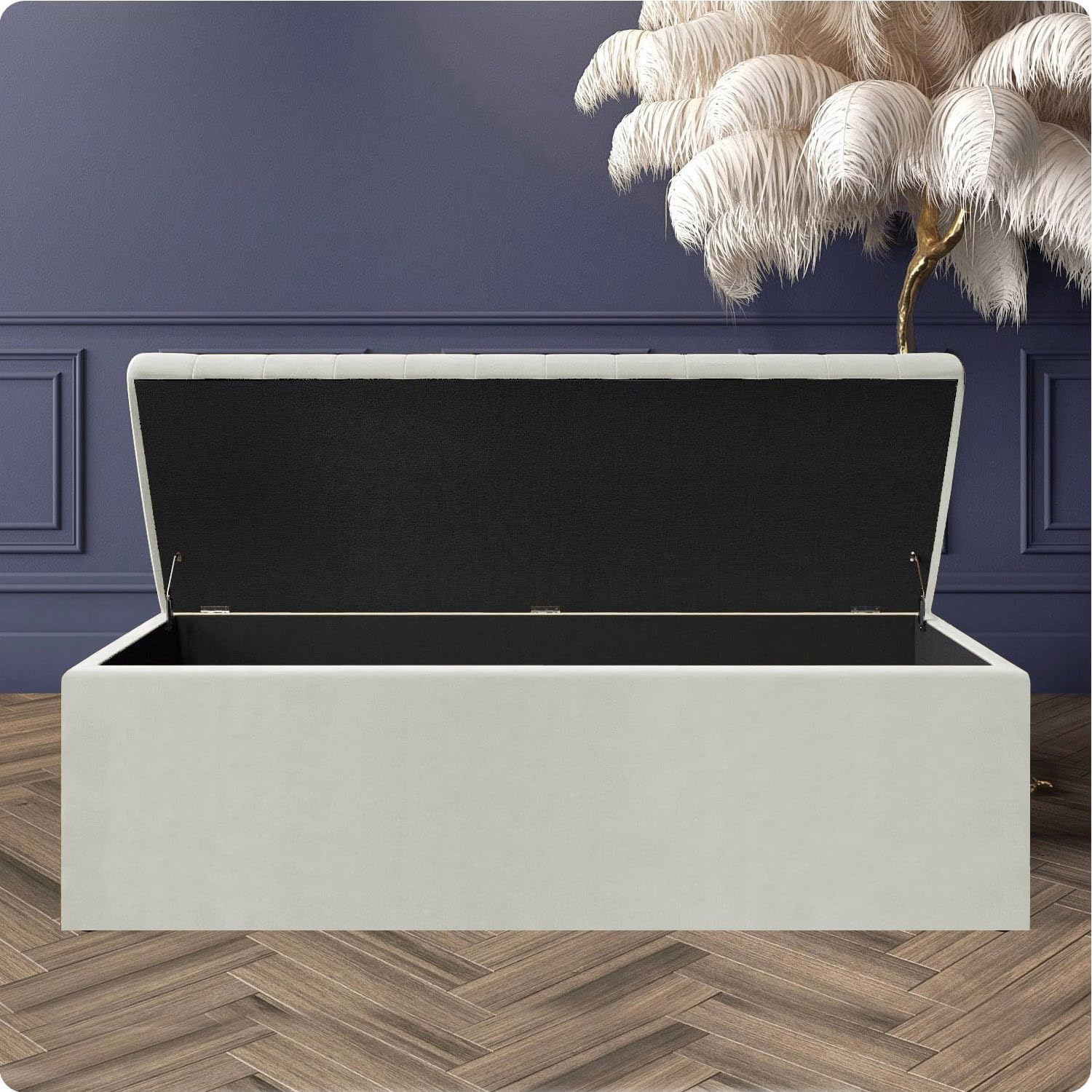 Velvet Ottoman Storage Box, Cream, 40D x 90W x 40H cm - Image 2