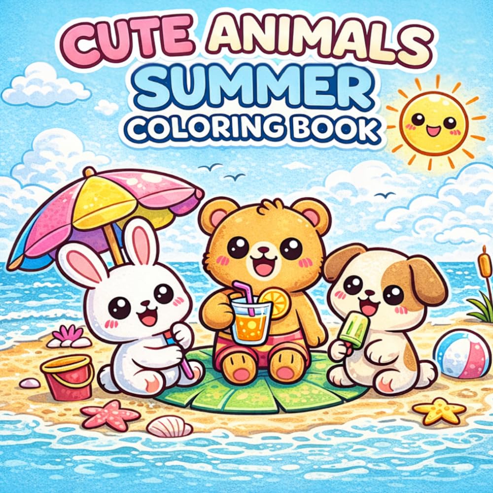 Cute Animals Summer Coloring Book for Kids Ages 3-6: Easy and Fun Simple Designs with Adorable Kawaii Animals, Beach Scenes, and Big Coloring Pages for Toddlers and Preschoolers