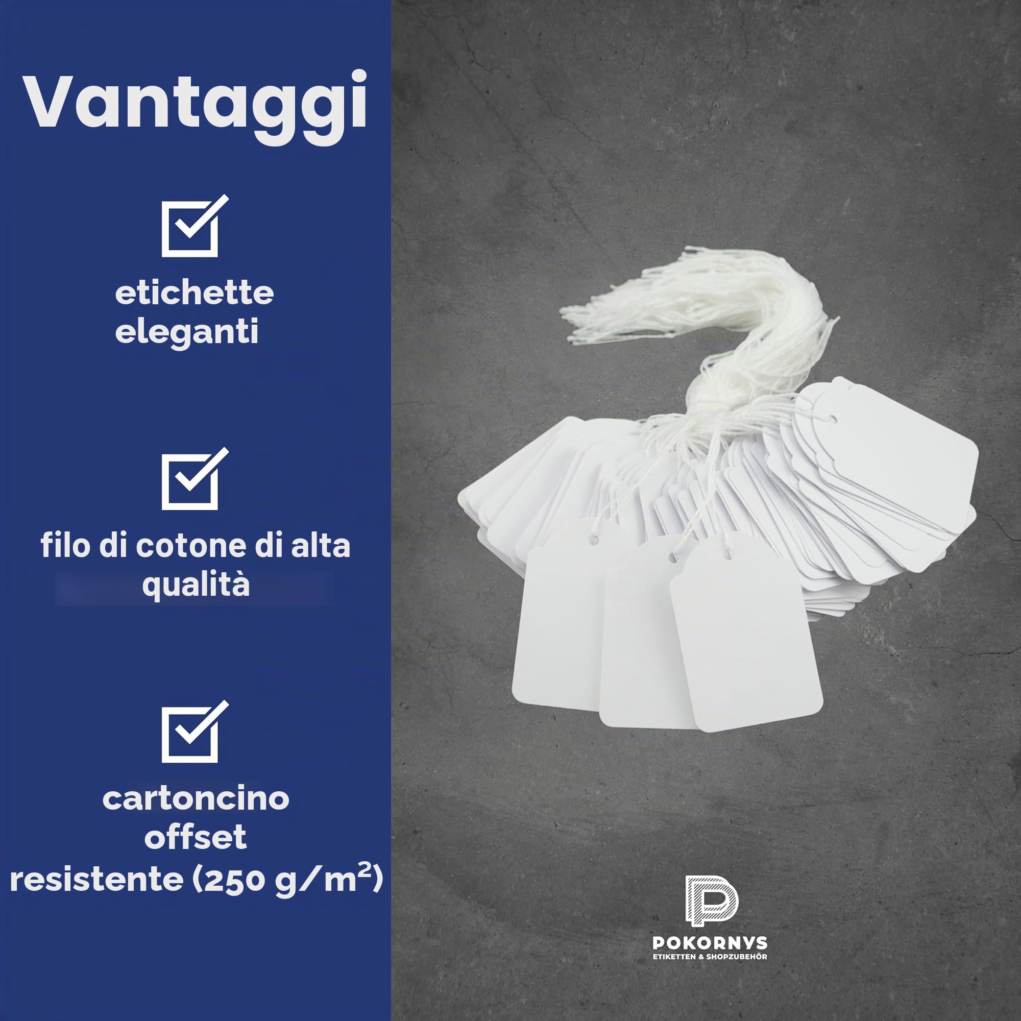 Pokornys - 300 Segnaprezzi con filo (36x53mm) per abbigliamento, gioielli, accessori etc. - Etichette in cartoncino con filo di cotone - Adatte come cartellino da appendere, regalo o decorativo