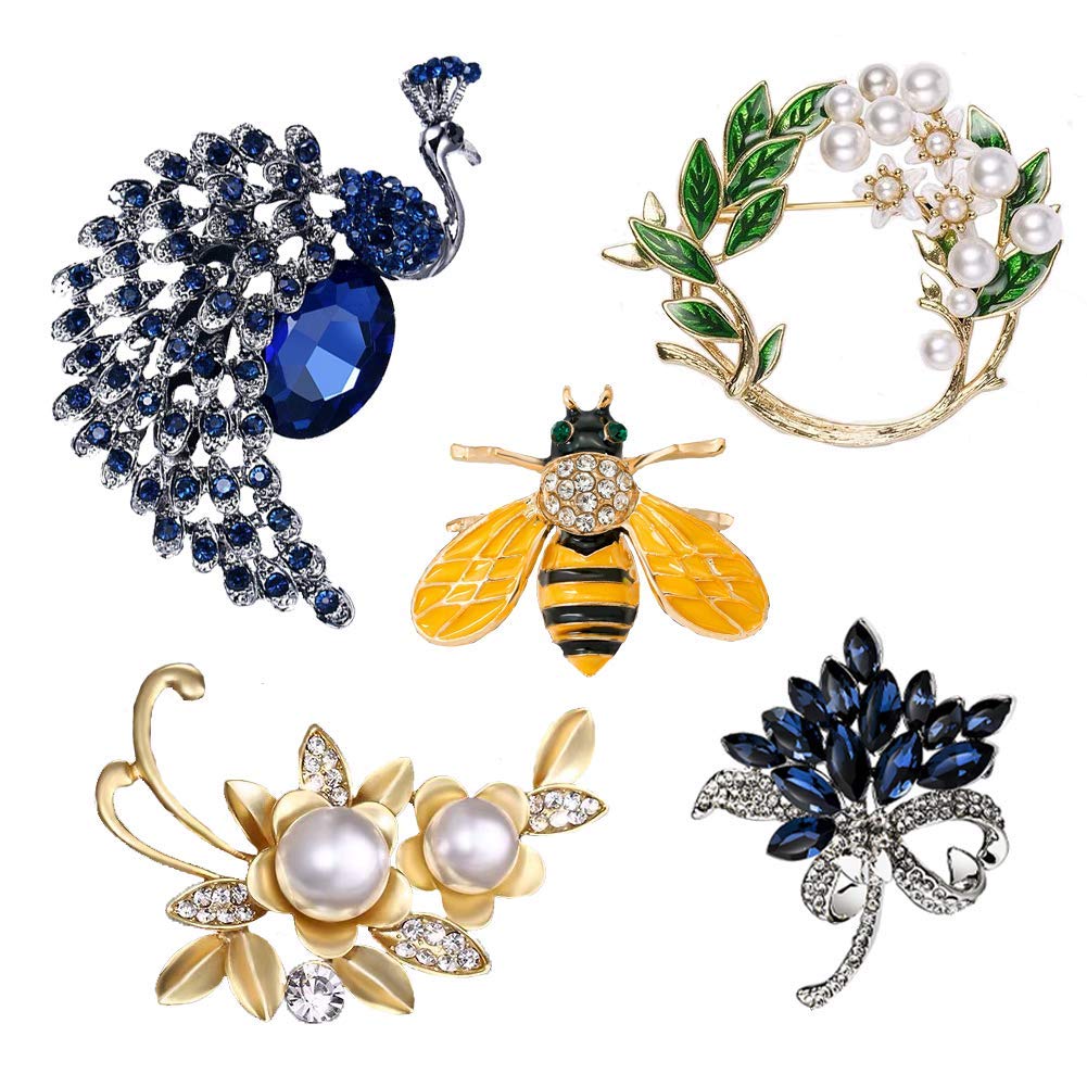 5 Pieces Vintage Elegant Animal Style Flower Shape Brooch Set For Women - Honey Bee Peacock Leaf Bouquet - Colorful Crystal Insect Pin Accessory For Women Girls Kids Birthday Christmas Gifts