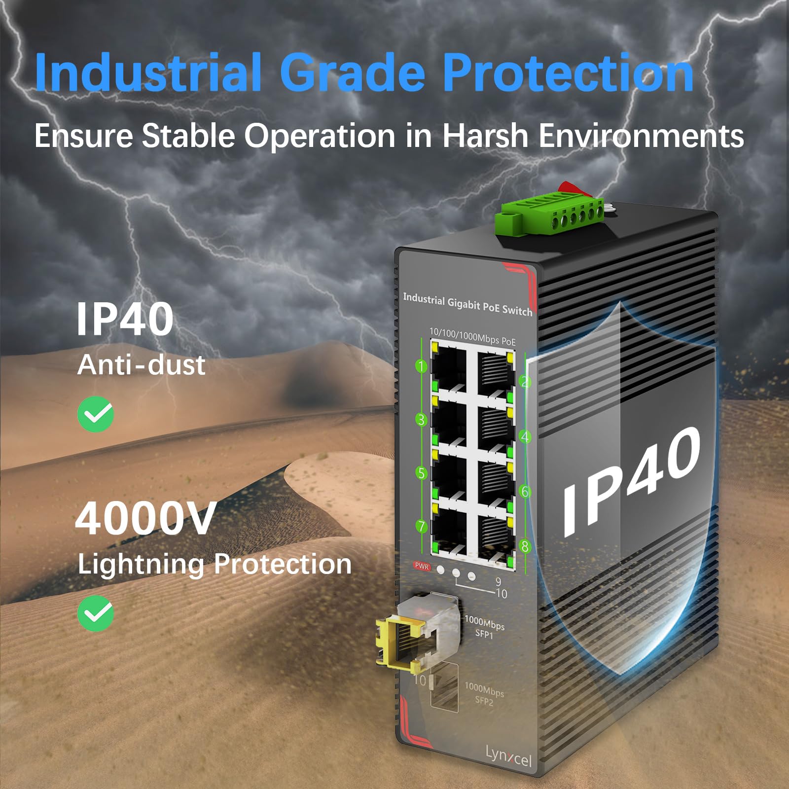 Switch Ethernet industriale Gigabit PoE a 8 porte, 96 W PoE Budget 48-57 V, 2 slot SFP Gigabit con un modulo 1000Base-T, switch PoE su guida DIN non gestito, con alimentatore