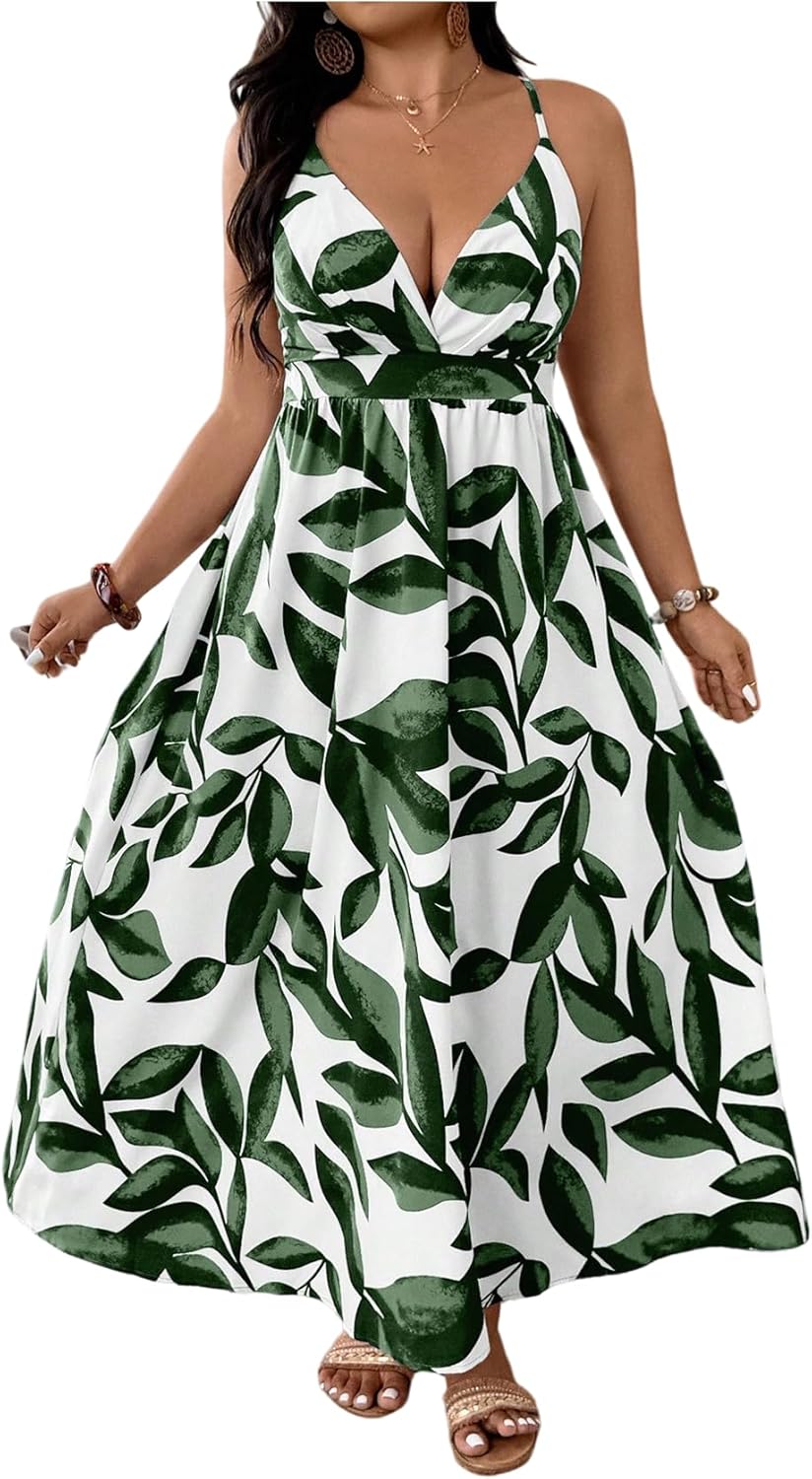 Women's Plus Size Leaf Graphic Maxi Dress Criss Cross Backless V Neck Summer Flowy Beach Sundress