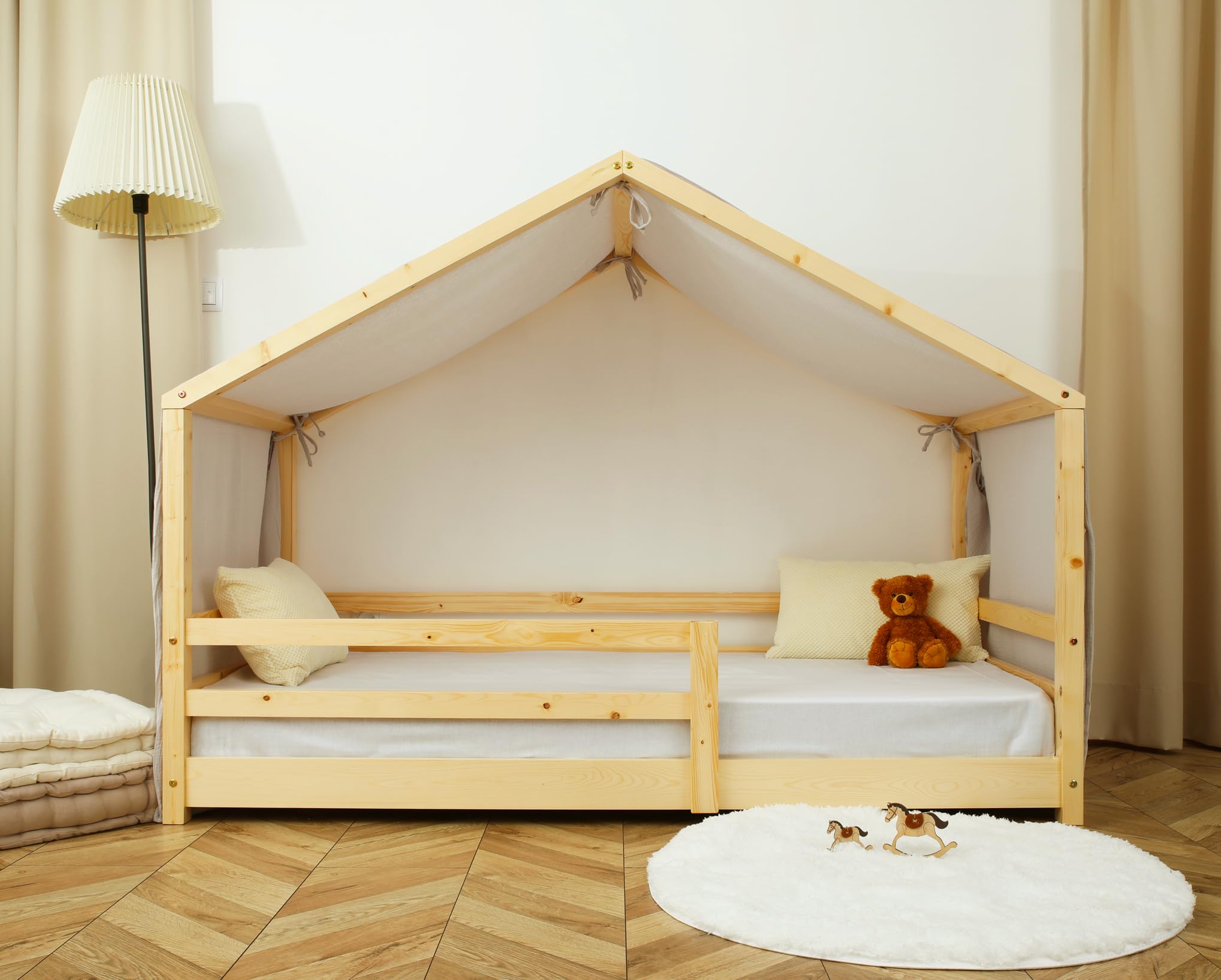 Toile de Lit Cabane 100% Coton - Ciel de Lit Cabane Montessori 80x160, 90x190, 90x200 cm - Tissu Oeko-Tex Gots (Beige Feuillage, 97 x 402 cm)
