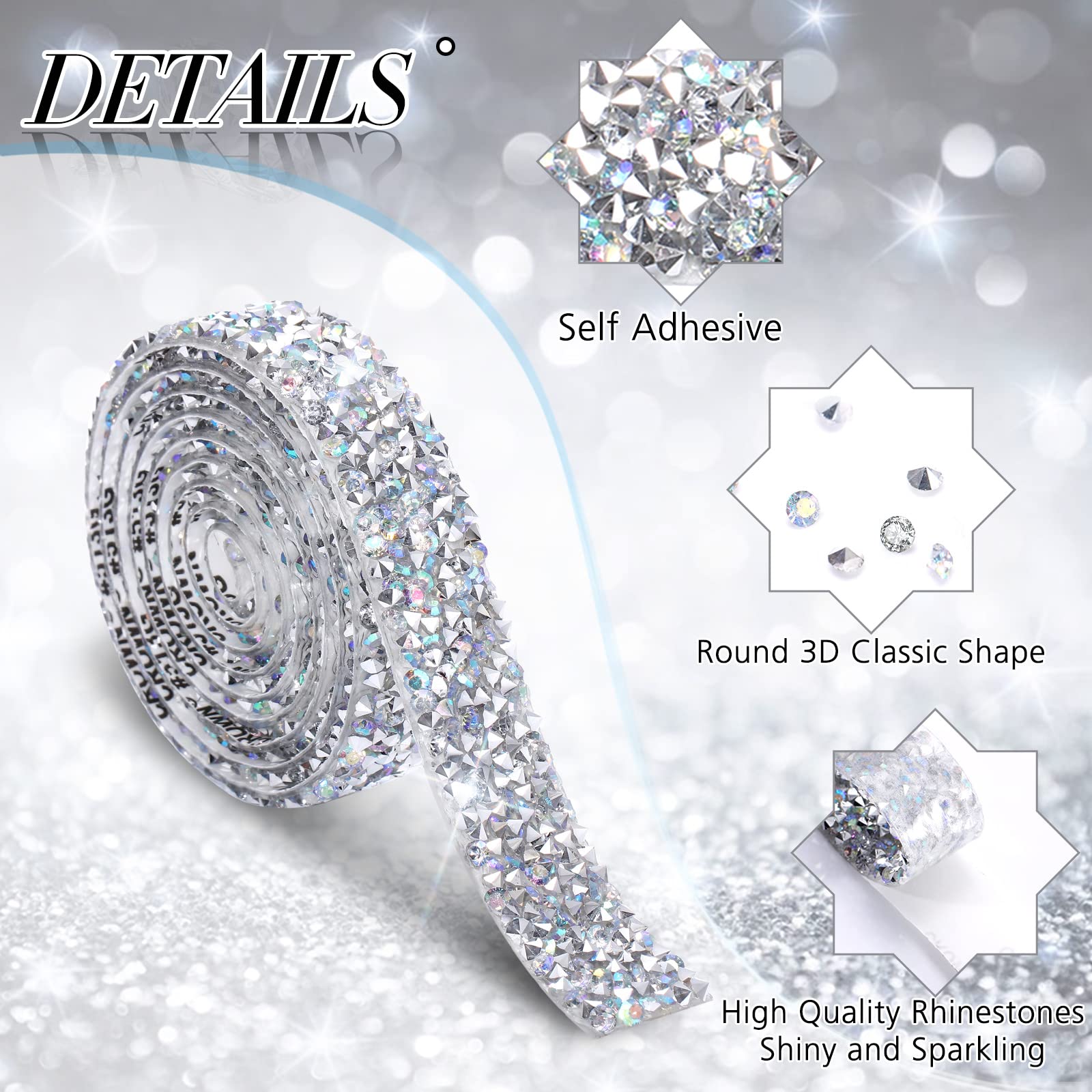 Xinnun 5 Rolls Rhinestone Ribbon Self-Adhesive Crystal Shiny Rhinestone Tape Adhesive Glittery Strips Bling Diamond Ribbon for Valentine's Day Art Craft DIY Party(Basic Style,AB Color)