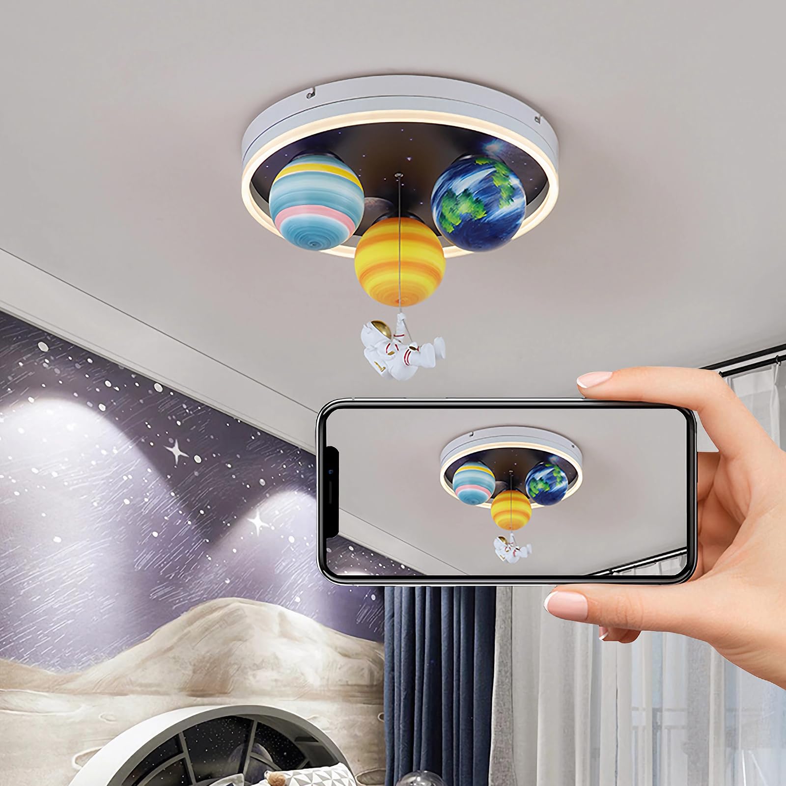 RuiRfh Ceiling light LED cartoon astronaut ceiling lamp embedded bedroom lighting creative glass planet chandelier children's room restaurant kindergarten toy room reading room tricolor lamp