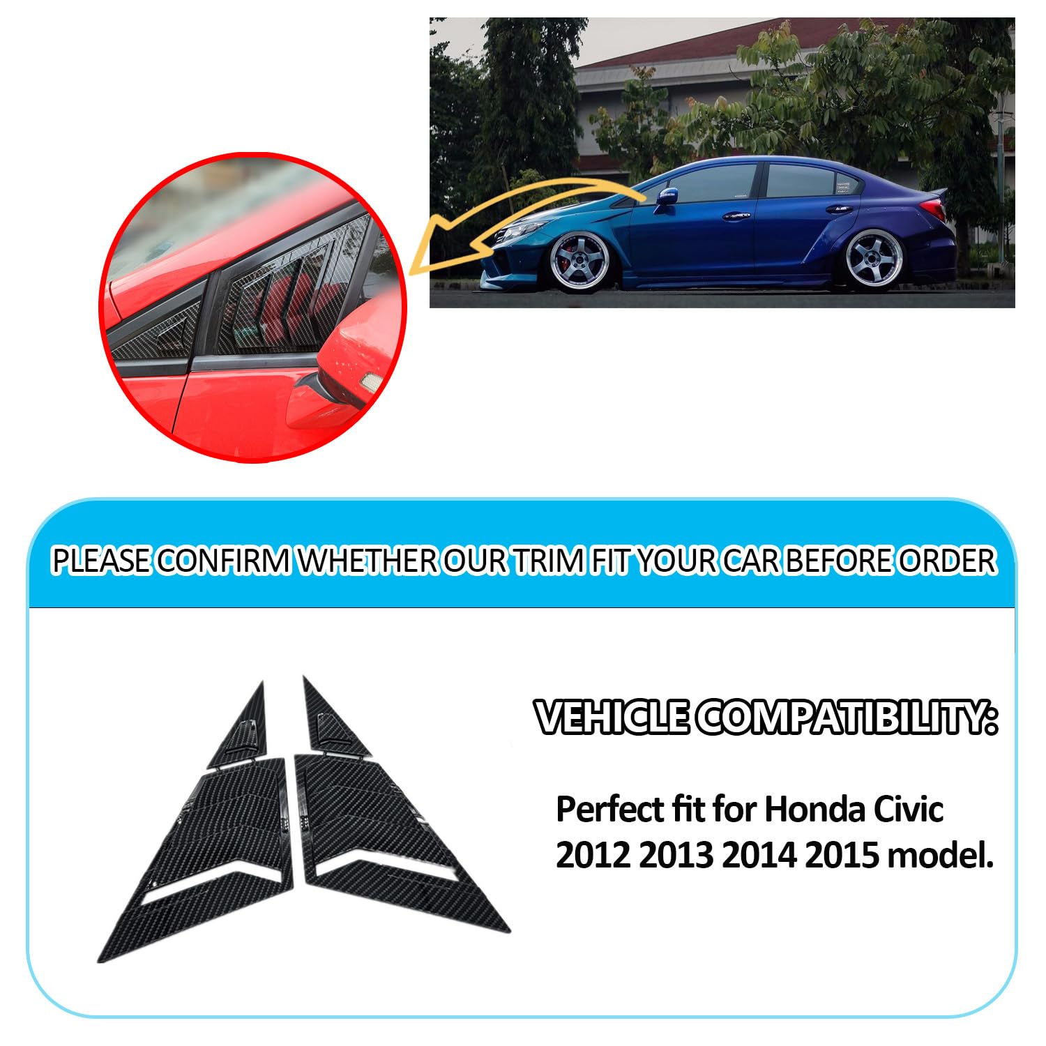 Xhfarce Window Louvers for 9th Gen Honda Civic Sedan 2012 2013 2014 2015 Front Side Window Louvers Air Vent Shades Panel Cover Auto Exterior Decoration Accessories?Front Side Carbon Fiber?