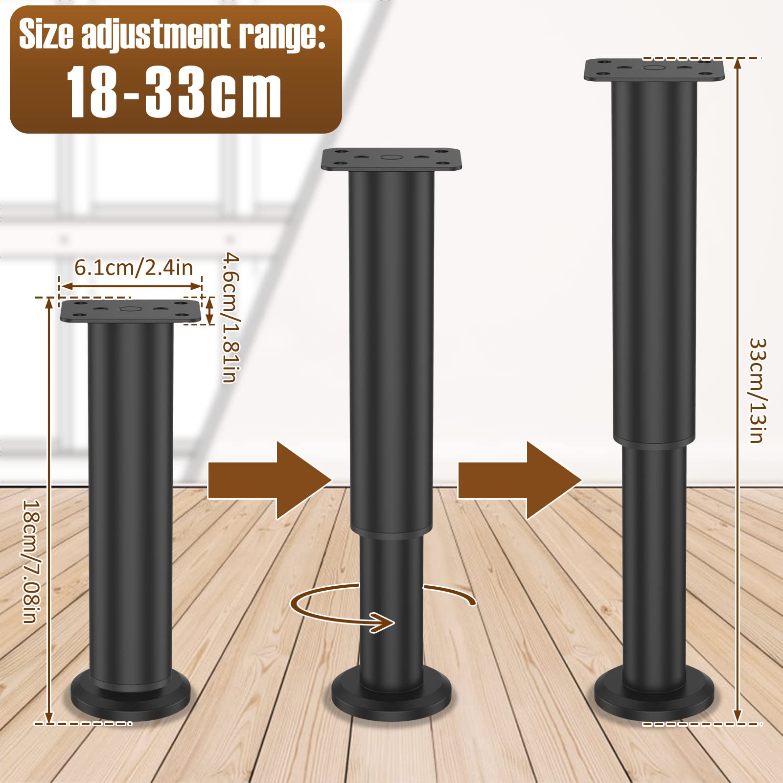 Jetcloud 4PCS Metal Adjustable Furniture Legs furniture support legs Table Leg 7.08-13inch Metal Furniture Support Feet Furniture Legs for Bed/Sofa/coffee/Cabinet/Couch/Dresser/Table(Black) - Image 2