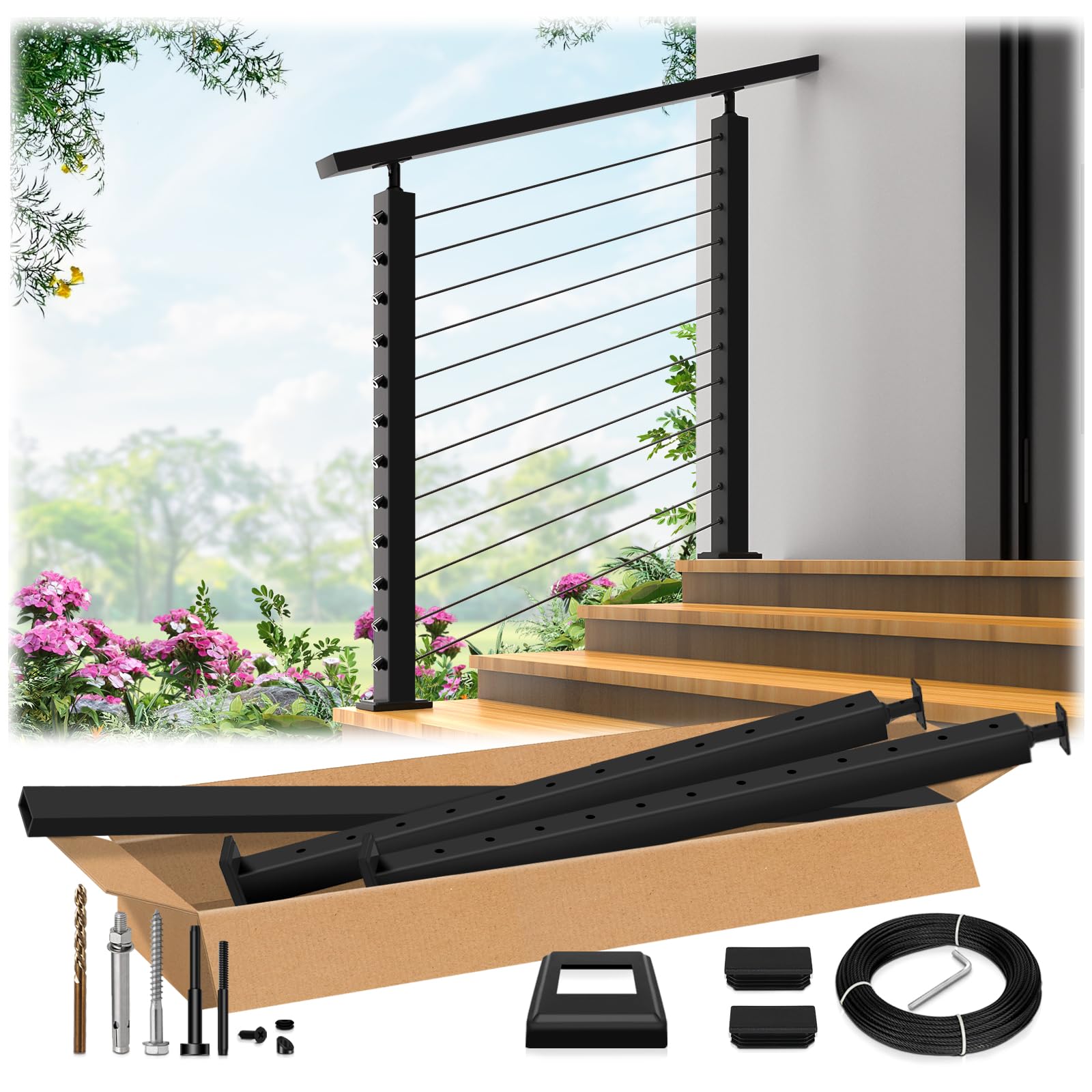 Zylorix 2ft-4ft Complete Set 33° Drilled Cable Railing System 42" with Handrail Cuttable, T304 Stainless Steel Black Angle Cable Railing Posts Kit