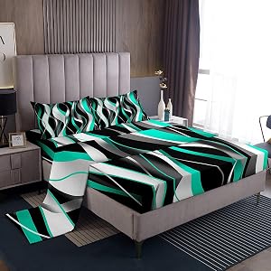 Feelyou Kids King Size Teel Gray Black Bed Sheets Set Geometric Stripes Sheet Set Abstract Lines Art Sheets with Deep Pocket Fitted Sheet for Kids Boys Girls Geometrics Bedding Set Microfibe