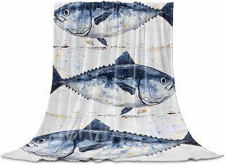 Marine Life, Ship Next Day, Throw Flannel Blanket 50x60In, Printed in USA, Vintage Blue Tuna Oil Painting Wood Texture Super Soft Cozy Bed Blanket, Lightweight Plush Fuzzy Bed Throw for Bedroom Sofa