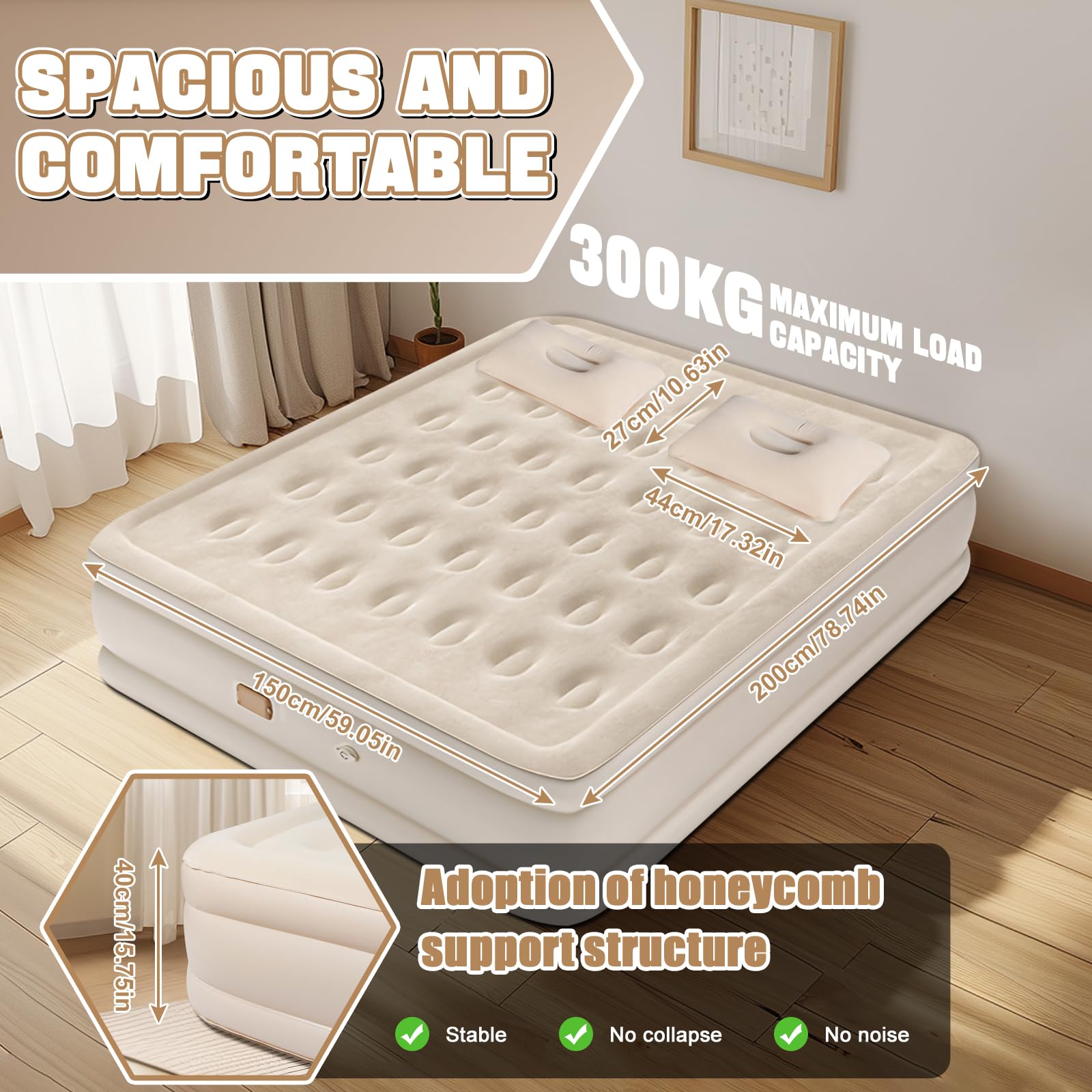 Charmofun Luftmatratze für 2 Personen, Luftbett mit integrierter Pumpe | Komfortable Luftmatratze mit integrierter Pumpe und beflockter Oberfläche für Camping, Gästezimmer. 200 × 154 × 43 cm