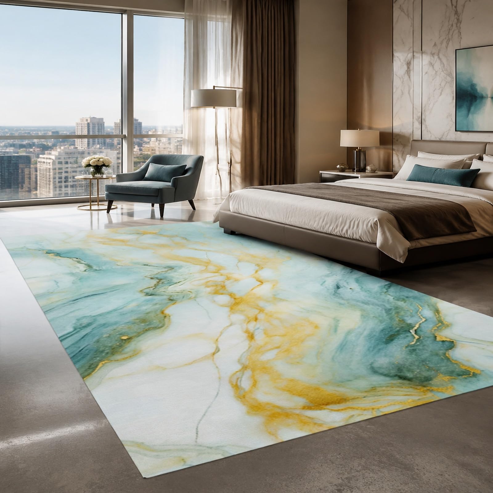 Tapis, 140 x 200 cm, Abstrait Moderne Bleu Jaune Blanc, Tapis Salon Chambre Canapé Lit Salle a Manger Cuisine Décoration Maison,