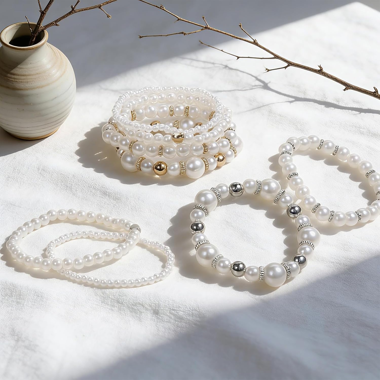 Pearl Bracelets for Women Chunky Simulated Pearl Beaded Bracelet White Pearls Stackable Stretch Bracelet Set Multilayered Elastic Beaded Pearls Bracelets for Women Bridesmaid Bridal Jewelry (8-Pack) - Image 7