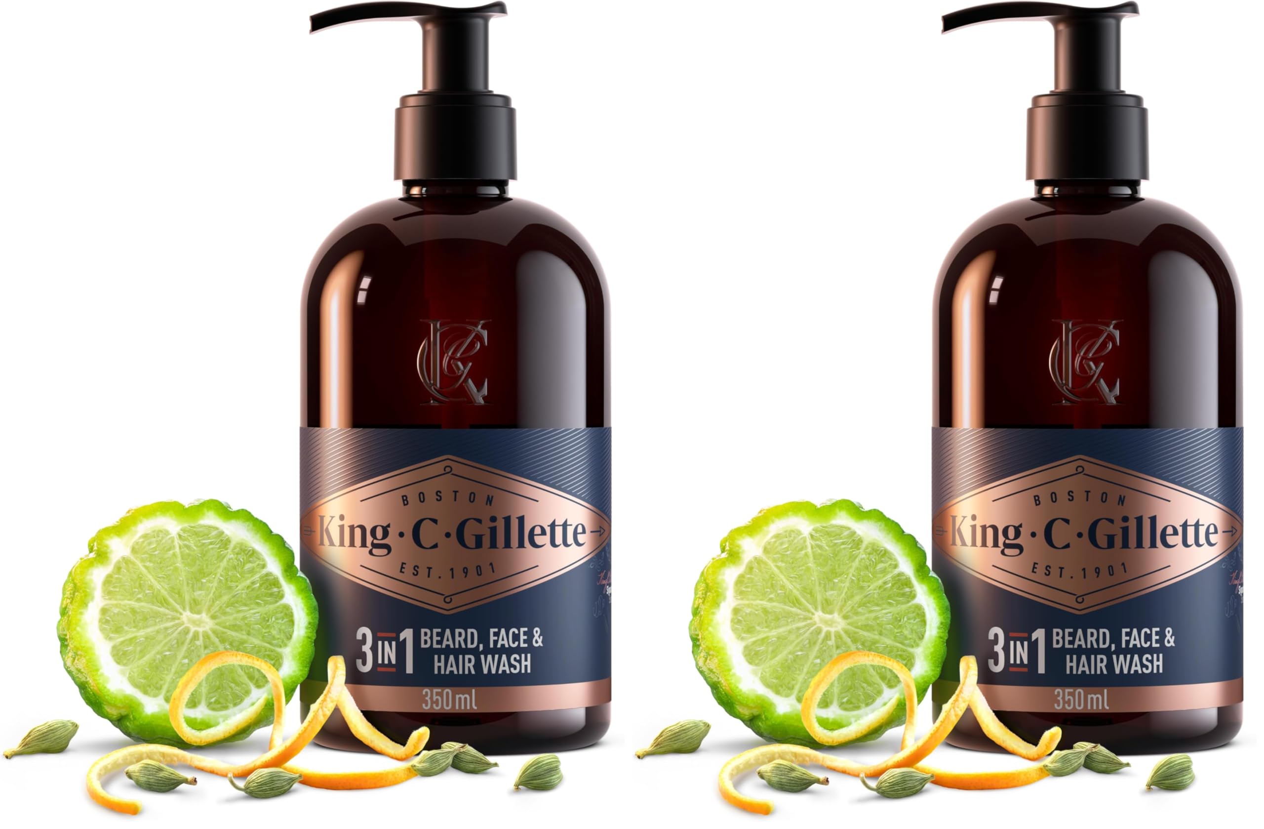King C. Gillette 3-in-1 Bart, Gesichts und Haarwaschgel für Männer, Tägliche Reinigung und Frische, mit Charakteristischem King C. Gillette Duft, 350 ml (Packung mit 2)